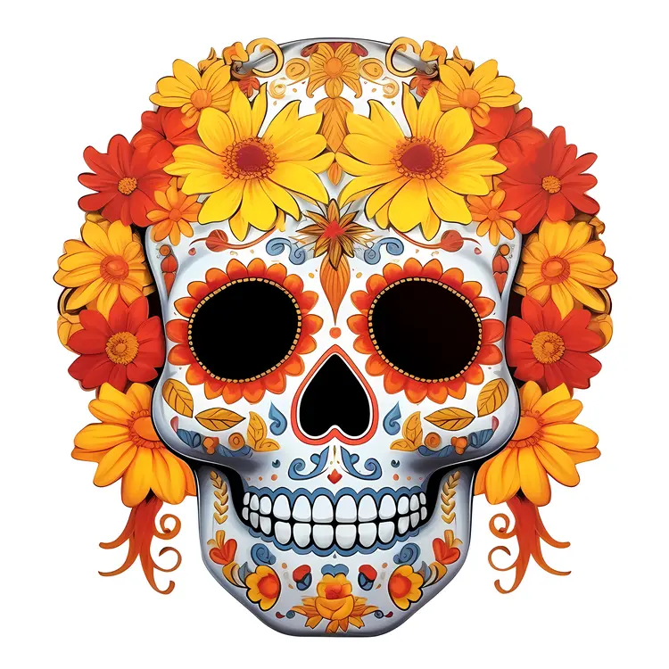 Colorful Sugar Skull with Floral Decorations for Day of the Dead Celebration