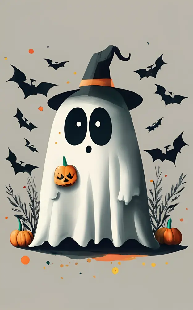 Surprised Ghost with Witch Hat and Jack-o'-Lantern
