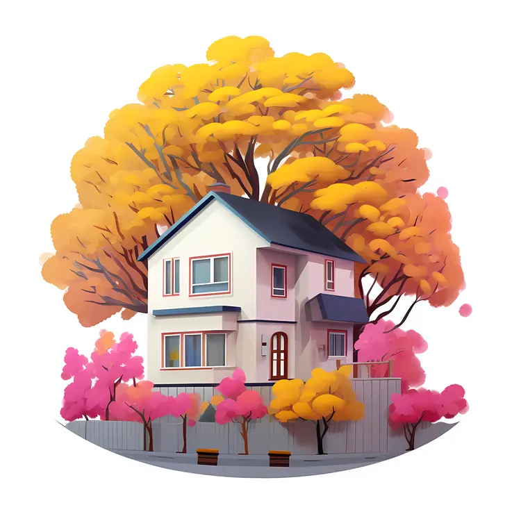 Small cute doodle house with autumn trees