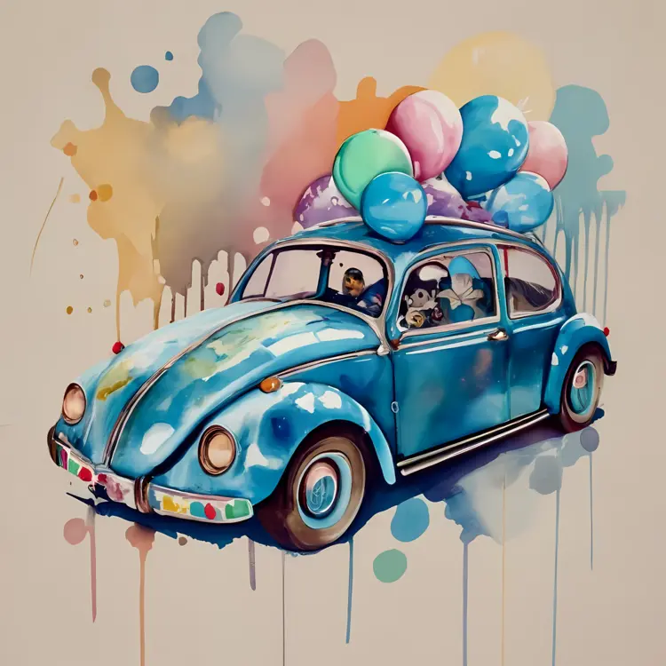 Blue Car with Balloons and People