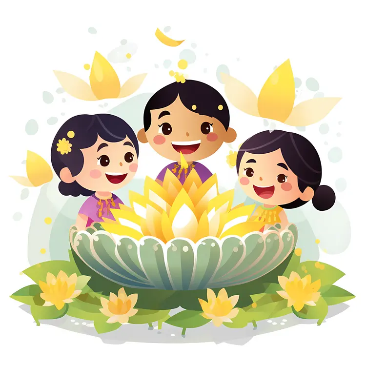 Three Happy Children with Lotus