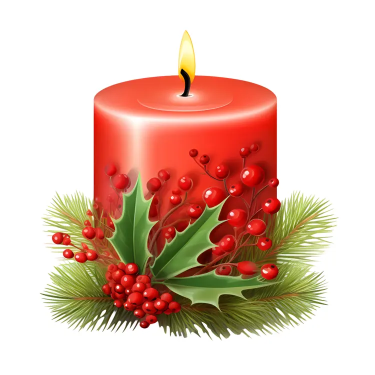 Red Candle with Holly Leaves and Red Berries