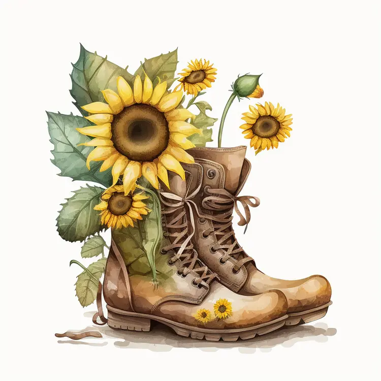 Sunflowers in Rustic Boots Illustration