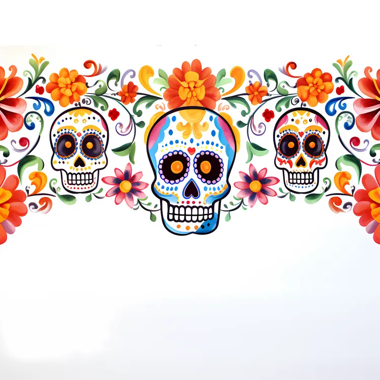 Three Sugar Skulls with Floral Decorations