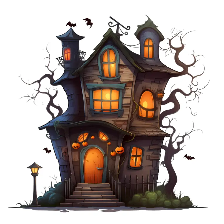 Spooky Haunted House with Pumpkins and Bats