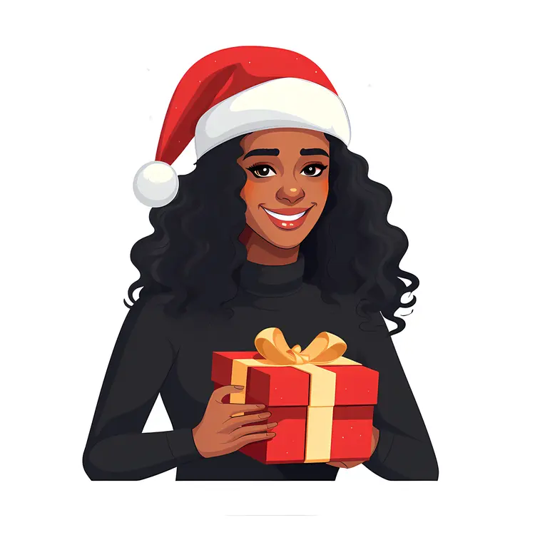 Girl with Curly Hair and Santa Hat Holding a Red Gift