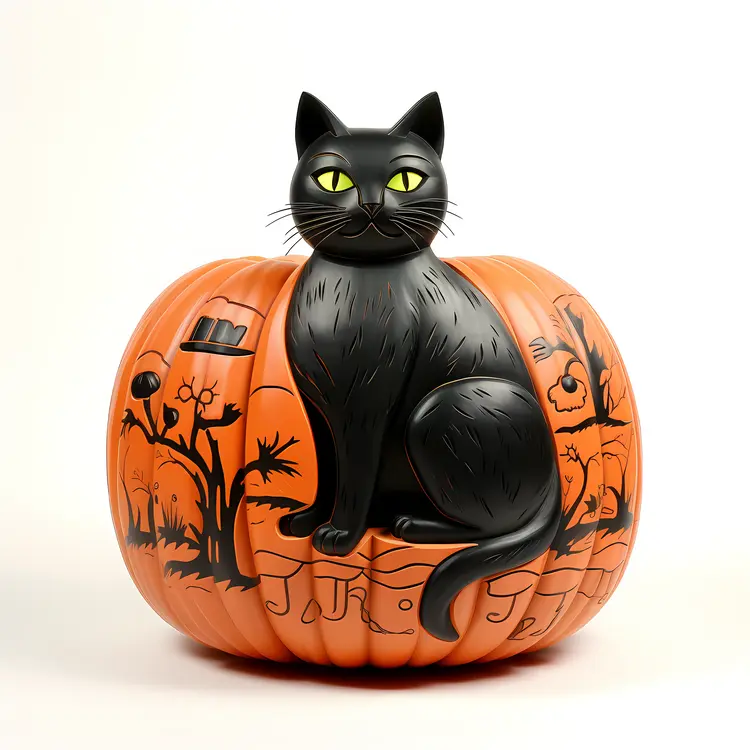 Black Cat on Halloween Pumpkin Decoration