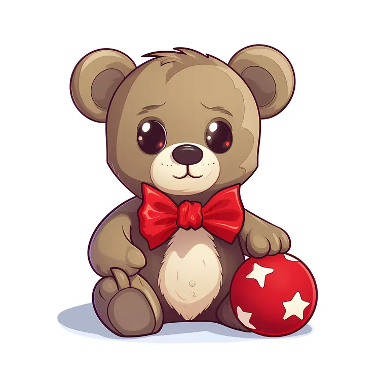 Cute Teddy Bear with Red Bow and Toy Ball