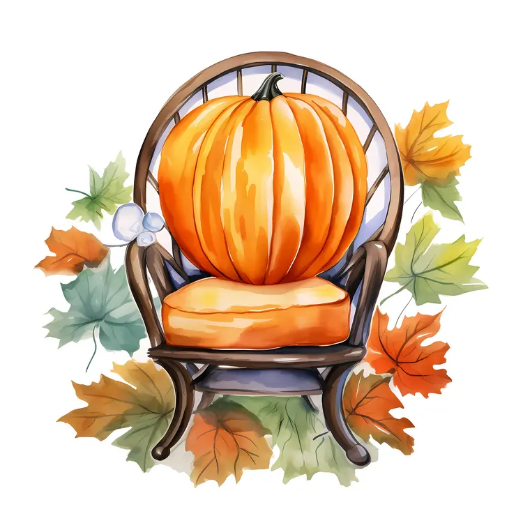 Pumpkin on Chair with Autumn Leaves