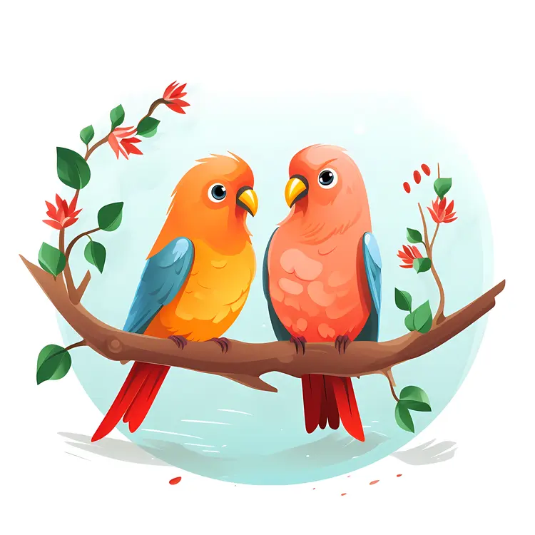 Colorful Parrots on a Branch in Nature Illustration