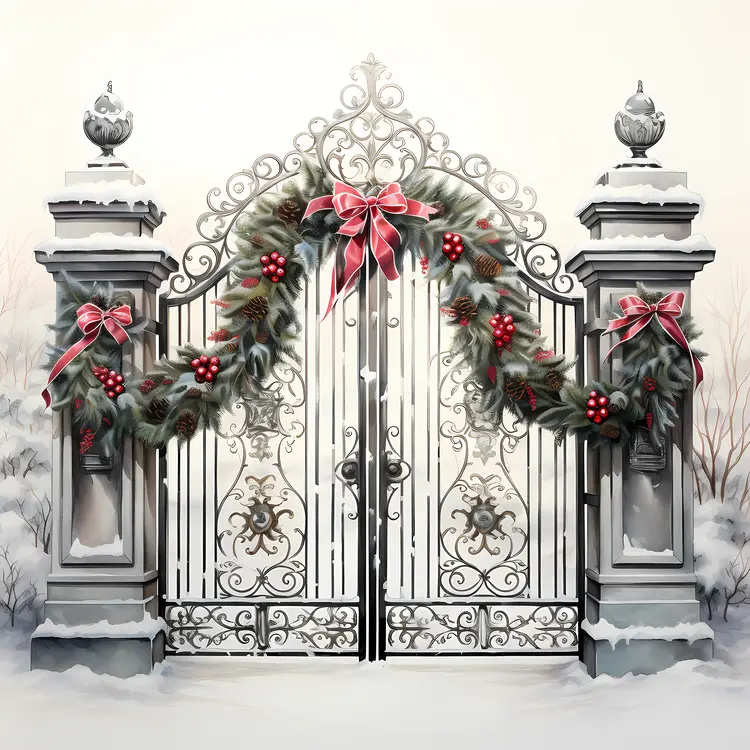 Ornate Gate with Christmas Garland and Red Bows