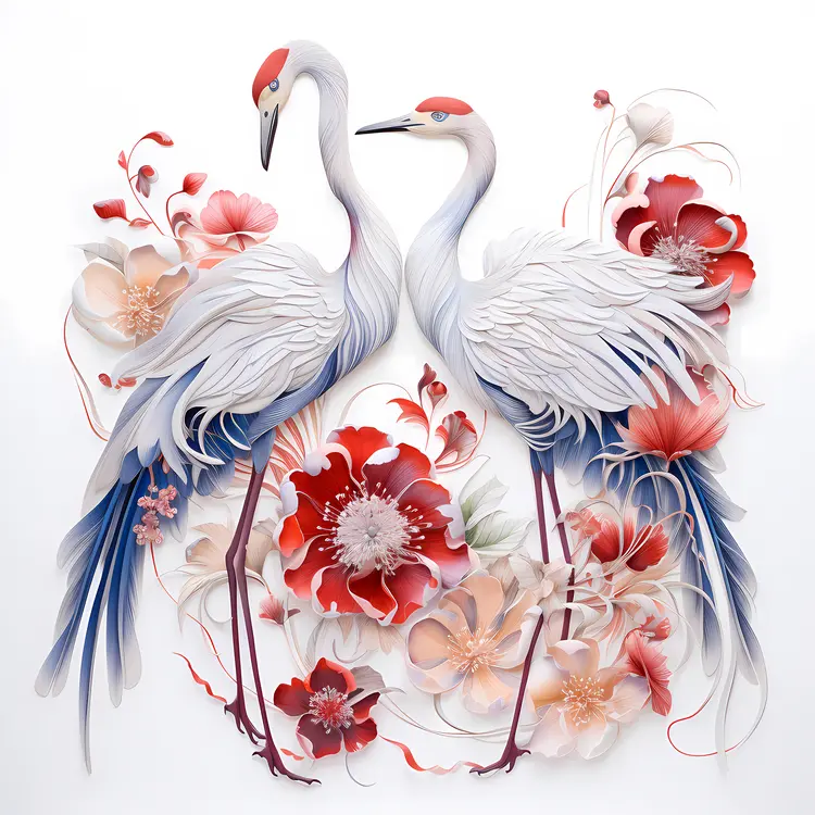 Pair of Cranes with Red Flowers