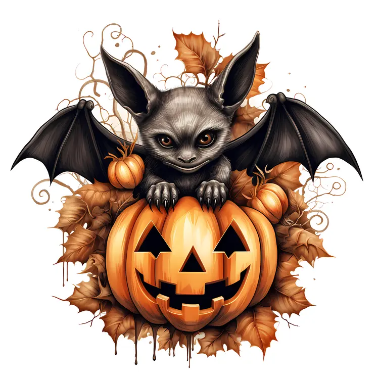 Cute Bat on Pumpkin with Leaves