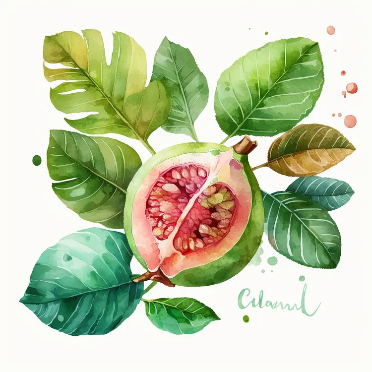 Watercolor Guava with Leaves Illustration