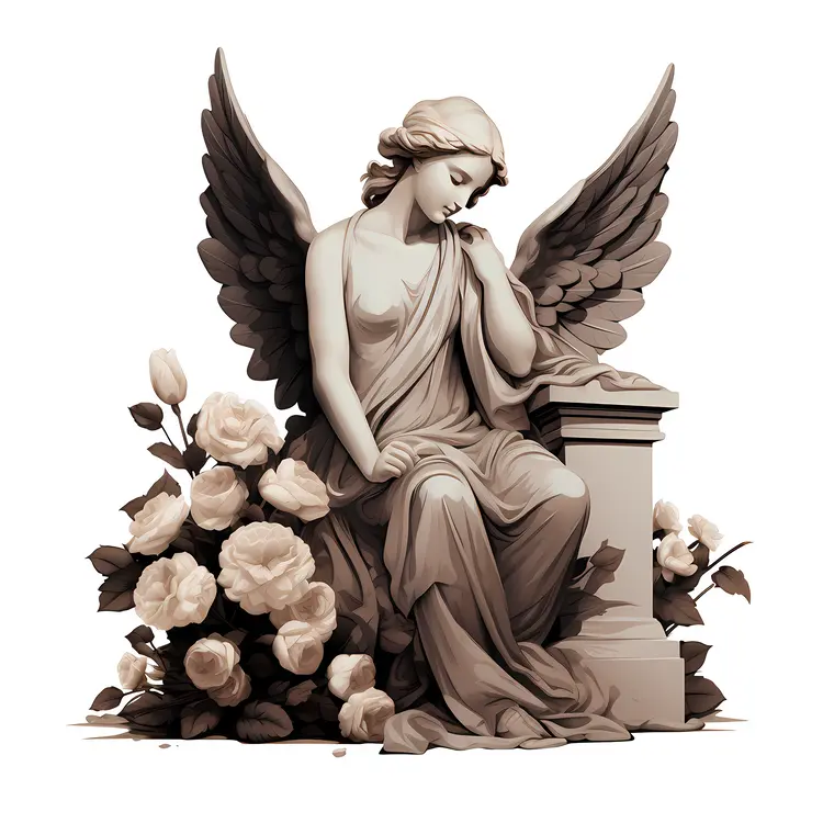 Contemplative Angel Statue with White Flowers