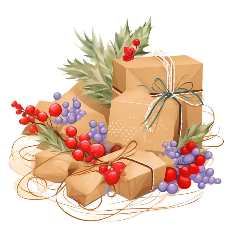 Festive Gift Boxes with Berries and Pine Leaves