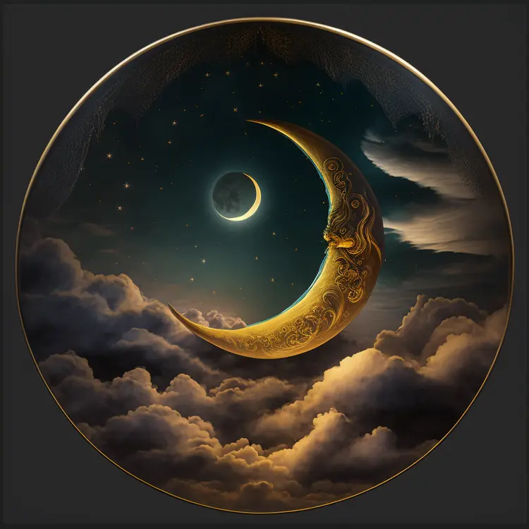 Golden Crescent Moon in a Starry Night Sky