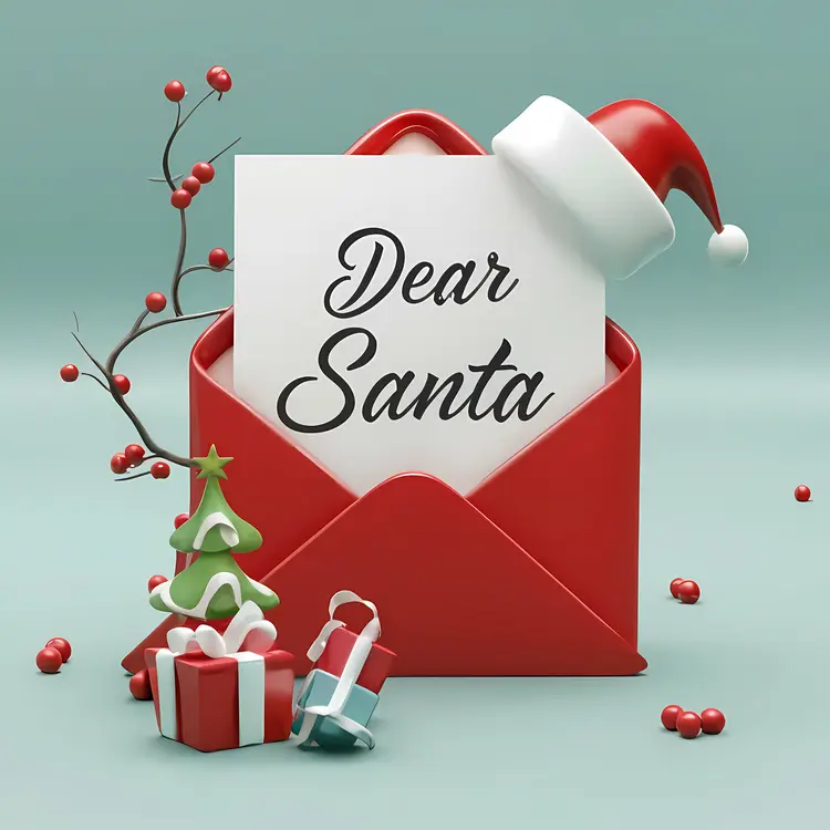 Dear Santa Letter in Red Envelope with Christmas Decorations