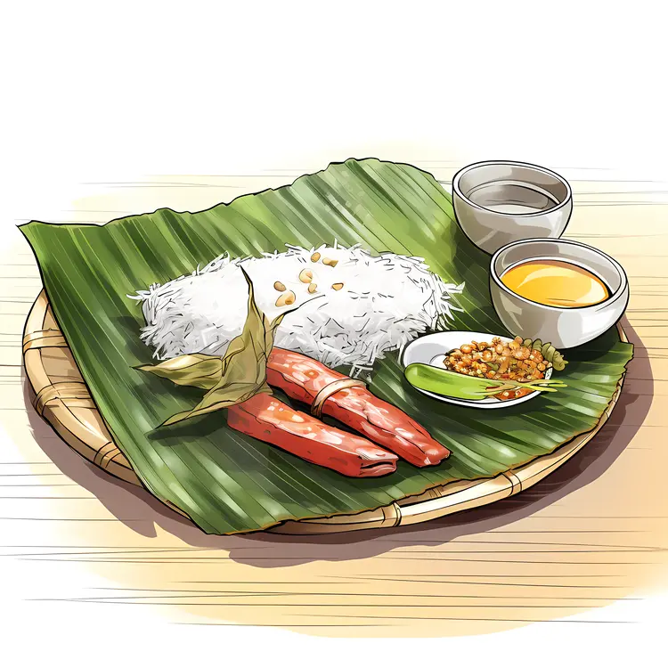 Traditional Meal on Banana Leaf with Rice and Side Dishes