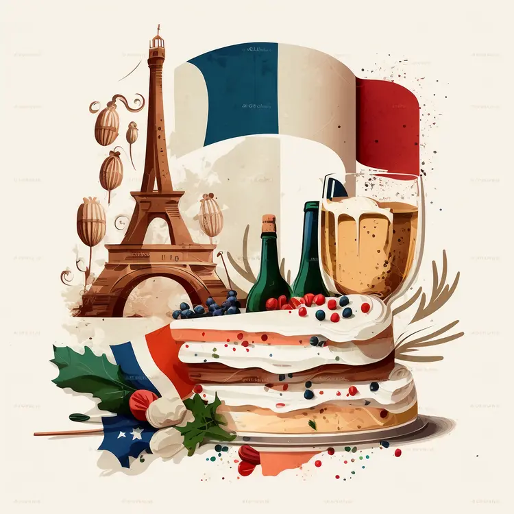 Eiffel Tower with French Flag and Celebration Items
Eiffel Tower with French Flag and Celebration Items