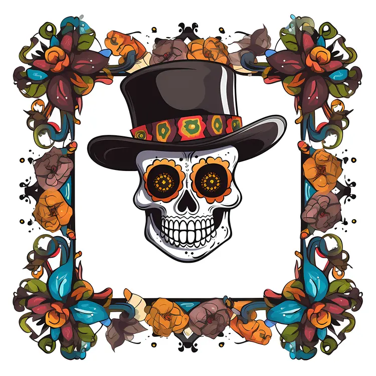 Skull with Top Hat and Floral Frame for Day of the Dead