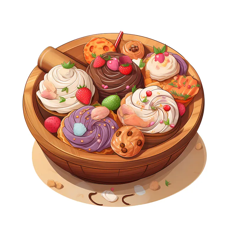 Colorful Desserts in Wooden Bowl