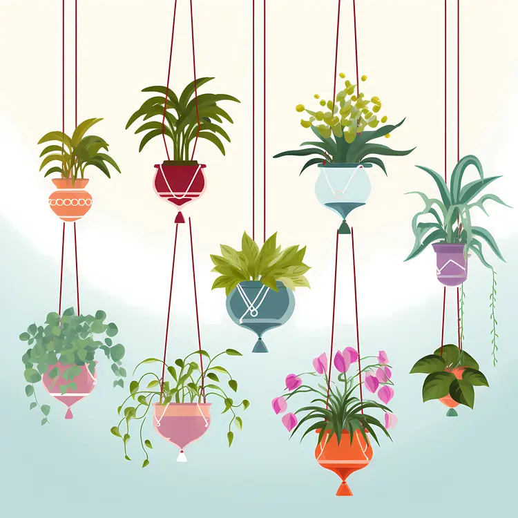 Colorful Hanging Plants in Decorative Pots