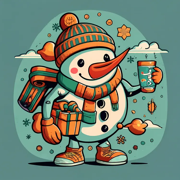 Snowman with Gifts and Drink in Winter