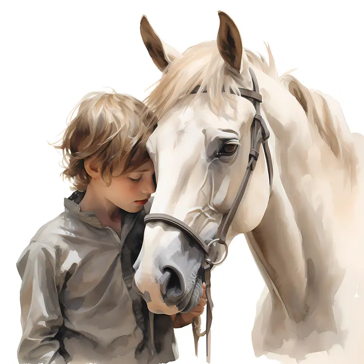 Child Bonding with a White Horse
