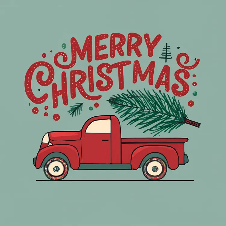 Red Truck with Christmas Tree and Snowflakes