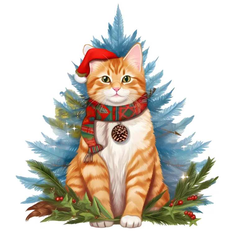Christmas Cat with Tree Illustration