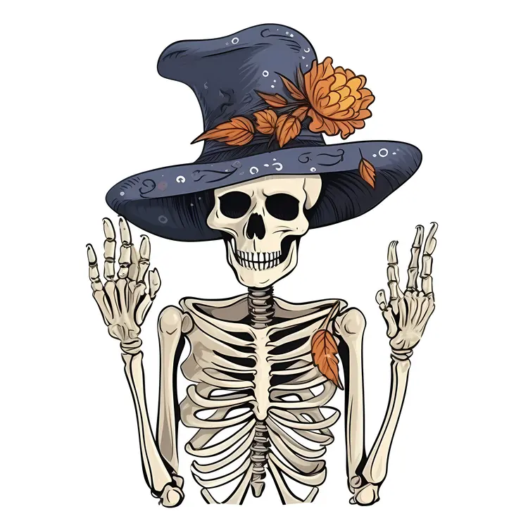 Skeleton with Witch Hat and Flowers for Halloween