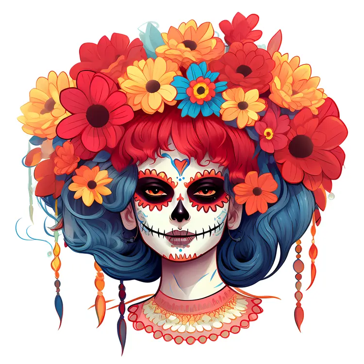 Colorful Sugar Skull with Floral Headpiece for Day of the Dead Celebration