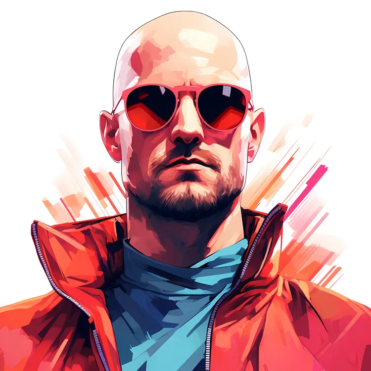 Cool Bald Man with Sunglasses in Red Jacket