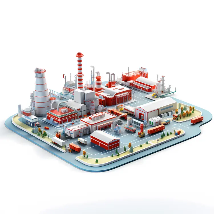 Modern Factory with Vehicles and Chimneys