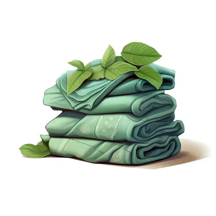 Stack of Folded Green Fabrics with Leaves