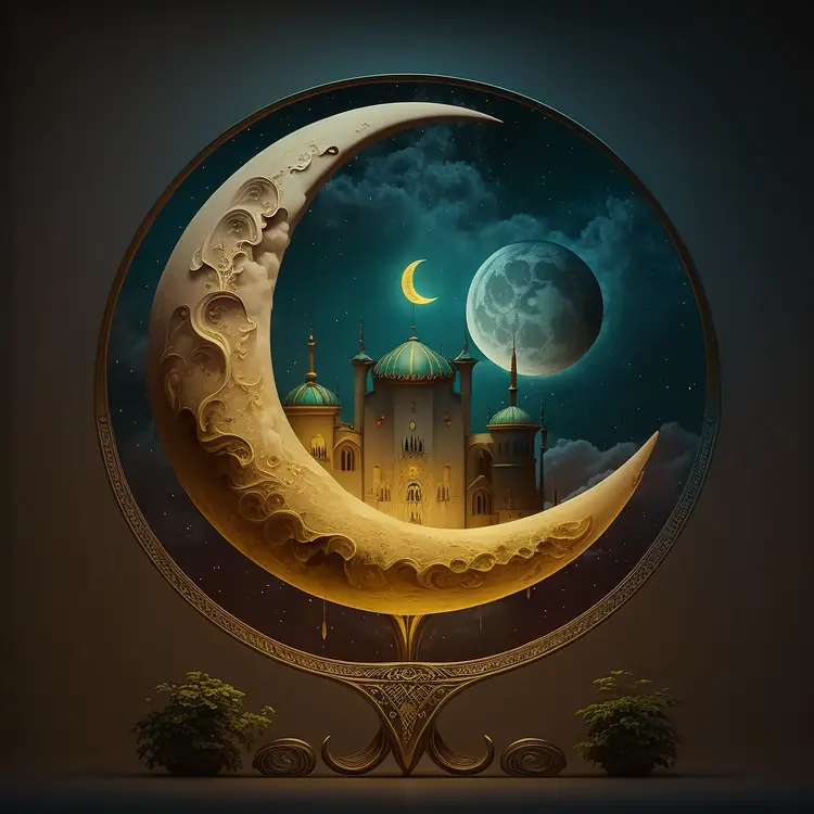 Crescent Moon with Mosque at Night