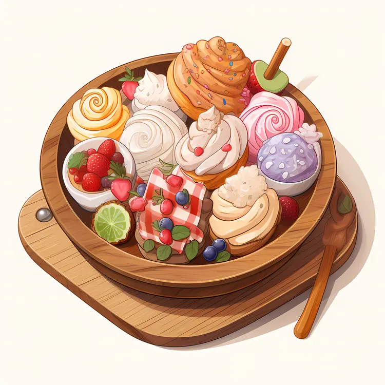 Assorted Colorful Desserts in Wooden Bowl