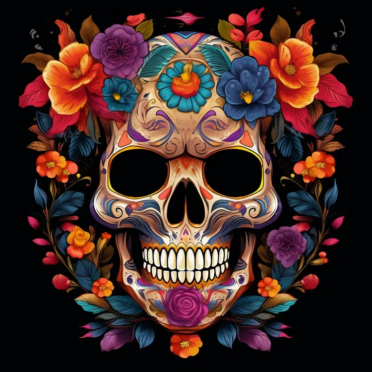 Colorful Sugar Skull with Floral Decorations for Day of the Dead