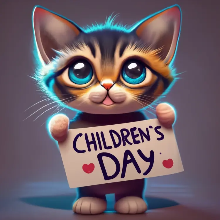Cute Kitten Holding Children's Day Sign