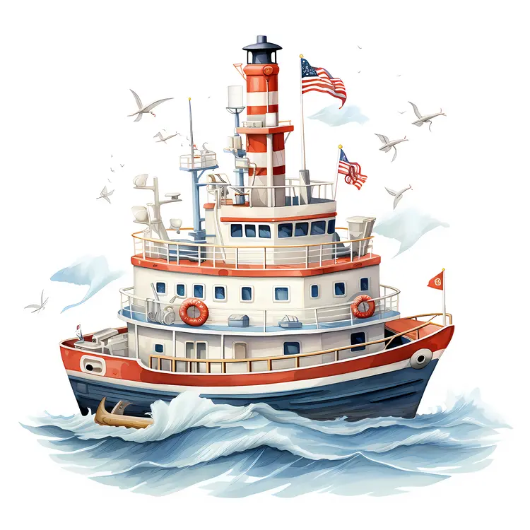 Colorful Ship with Flags and Seagulls