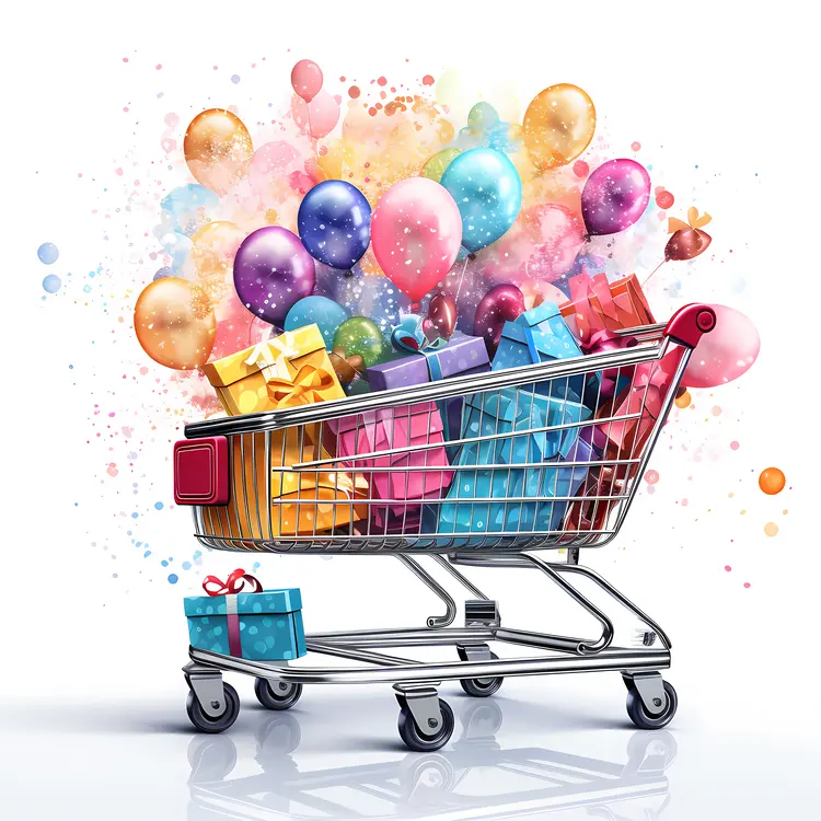 Shopping Cart with Gifts and Balloons
