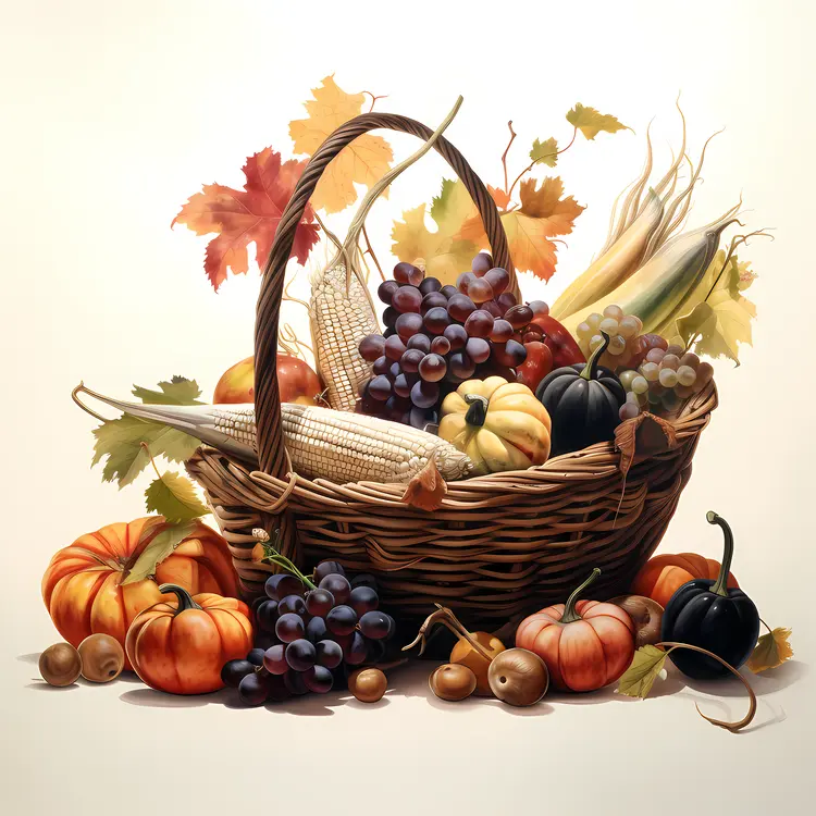 Autumn Harvest Fruit Basket with Grapes and Pumpkin