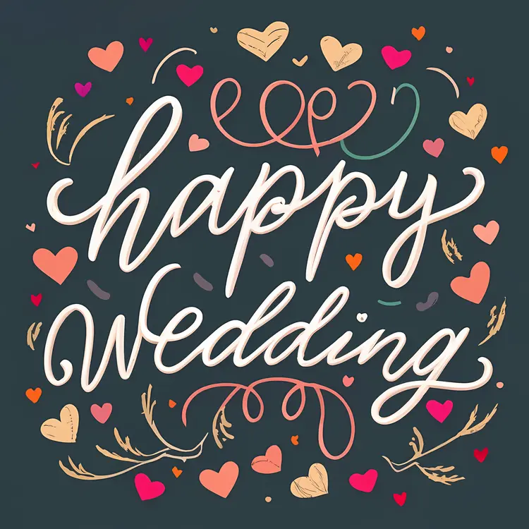Happy Wedding Text with Colorful Hearts and Decorations