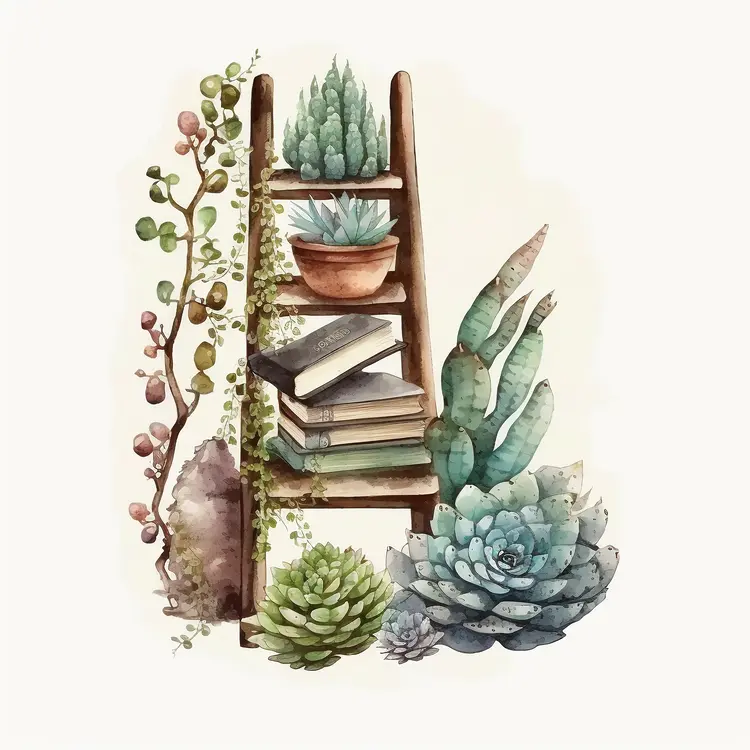 Ladder with Plants and Books in Watercolor Style