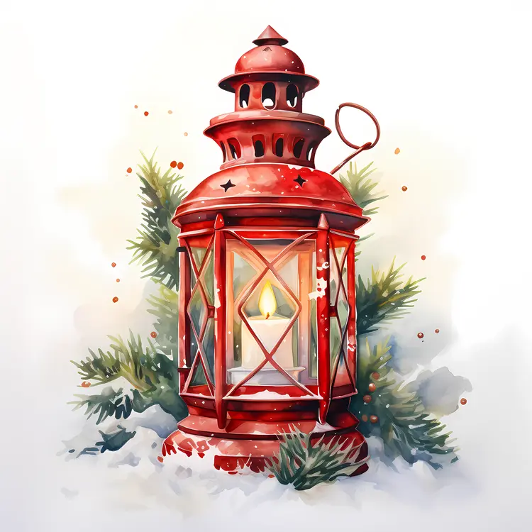 Red Lantern with Candle in Snowy Setting