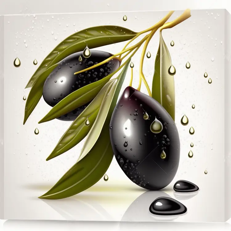 Fresh Black Olives with Leaves and Oil Droplets
