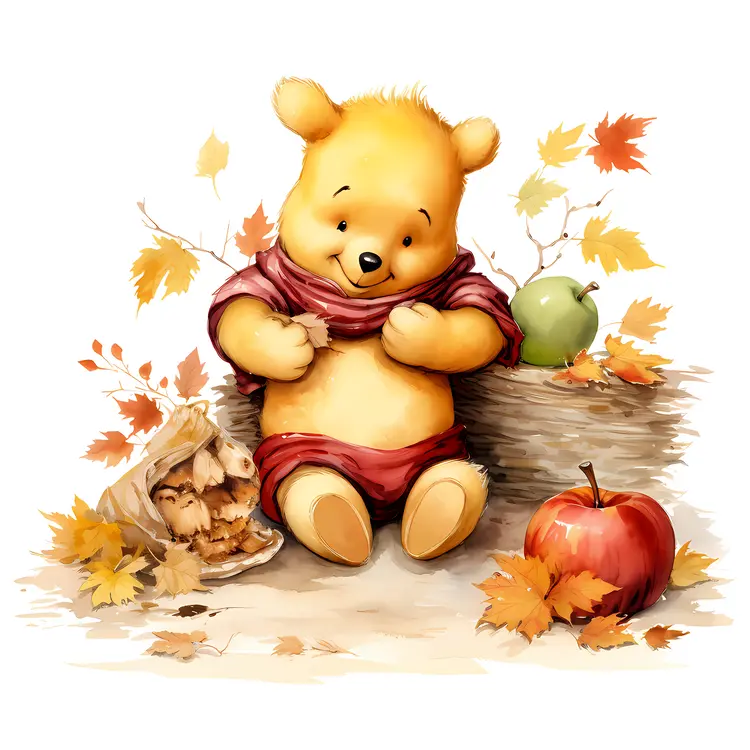 Yellow Bear with Scarf and Apple