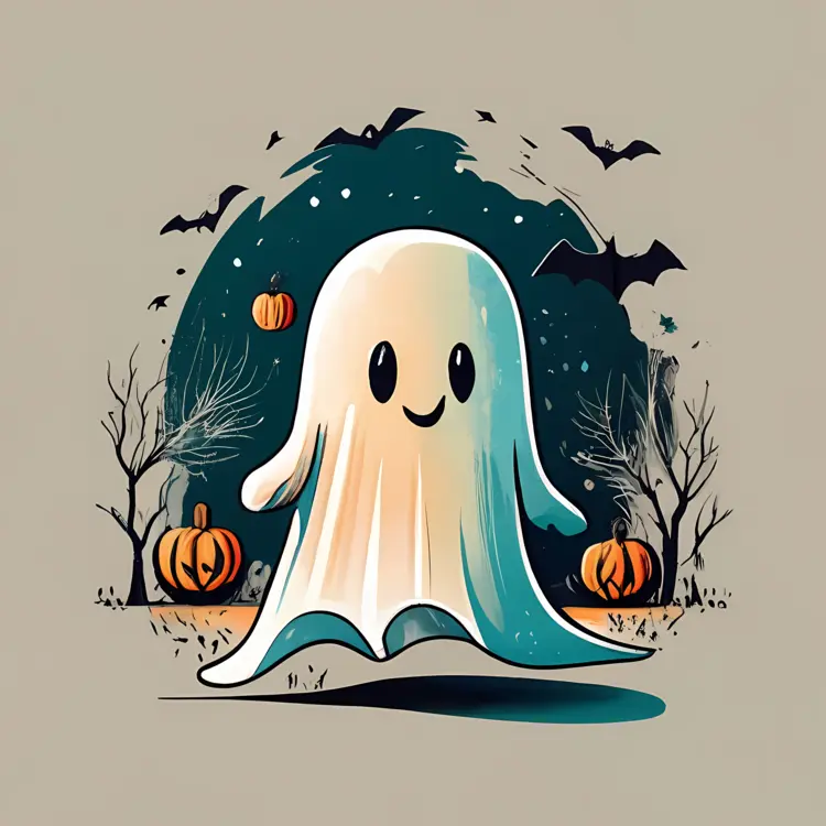Smiling Ghost with Pumpkins and Bats on Halloween Night