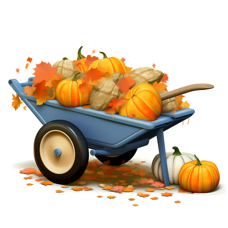 Wheelbarrow with Pumpkins and Autumn Leaves for Fall Harvest